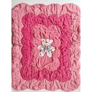 Vintage Handmade Red Gingham Floral Teddy Bear Cotton Voile Quilt Baby Blanket
